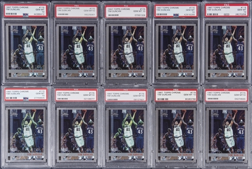 1997-98 Topps Chrome #115 Tim Duncan PSA GEM MT 10 Rookie Cards Collection (10)